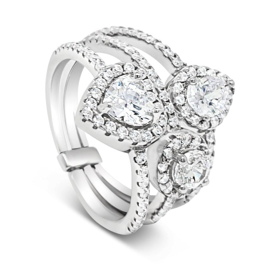 3 in 1 Sterling Silver Charm Ring with Heart & Halo & Teardrop